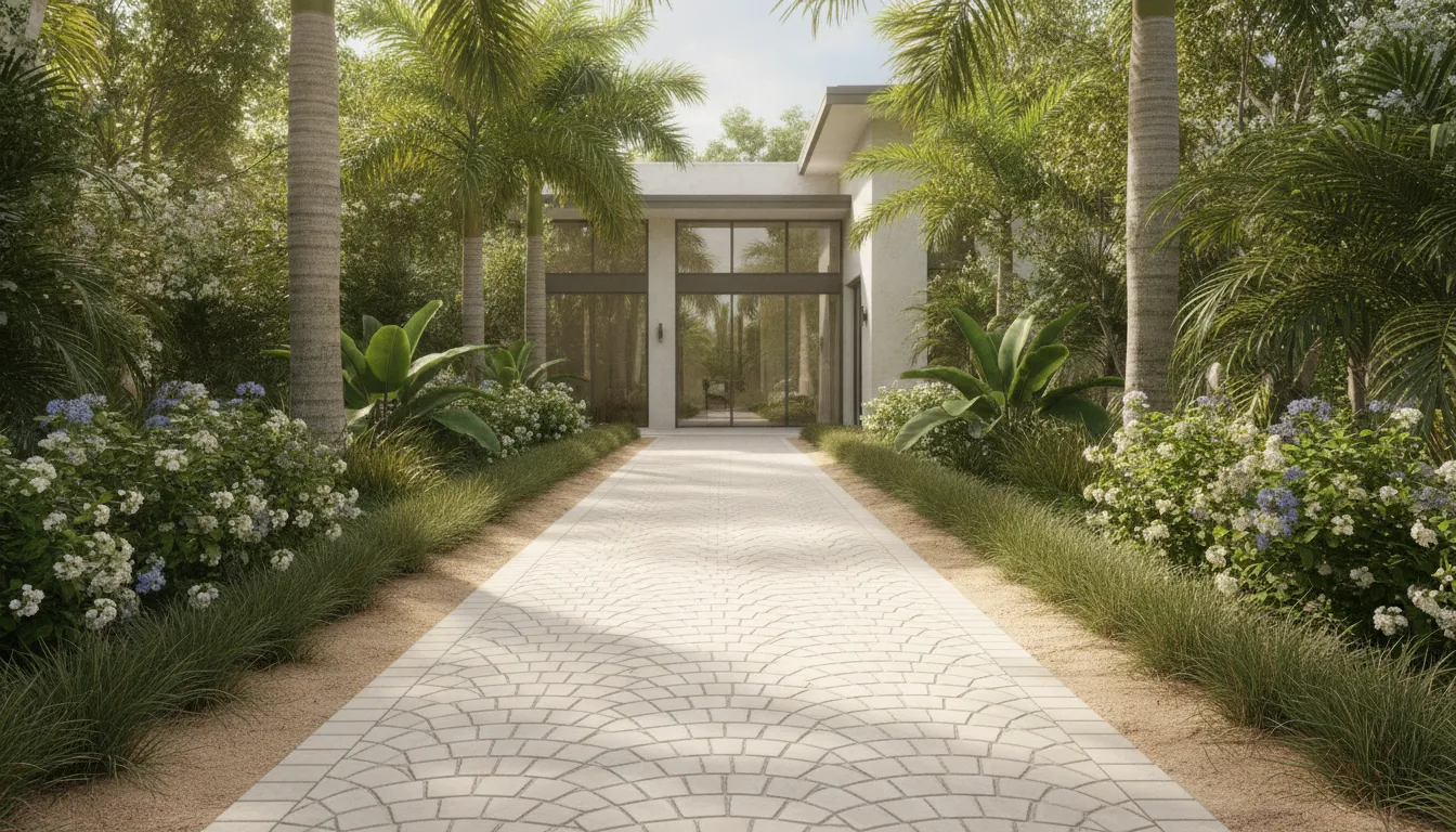 Elegant residential walkway made with porcelain cobblestone pavers in a sand-set pattern
