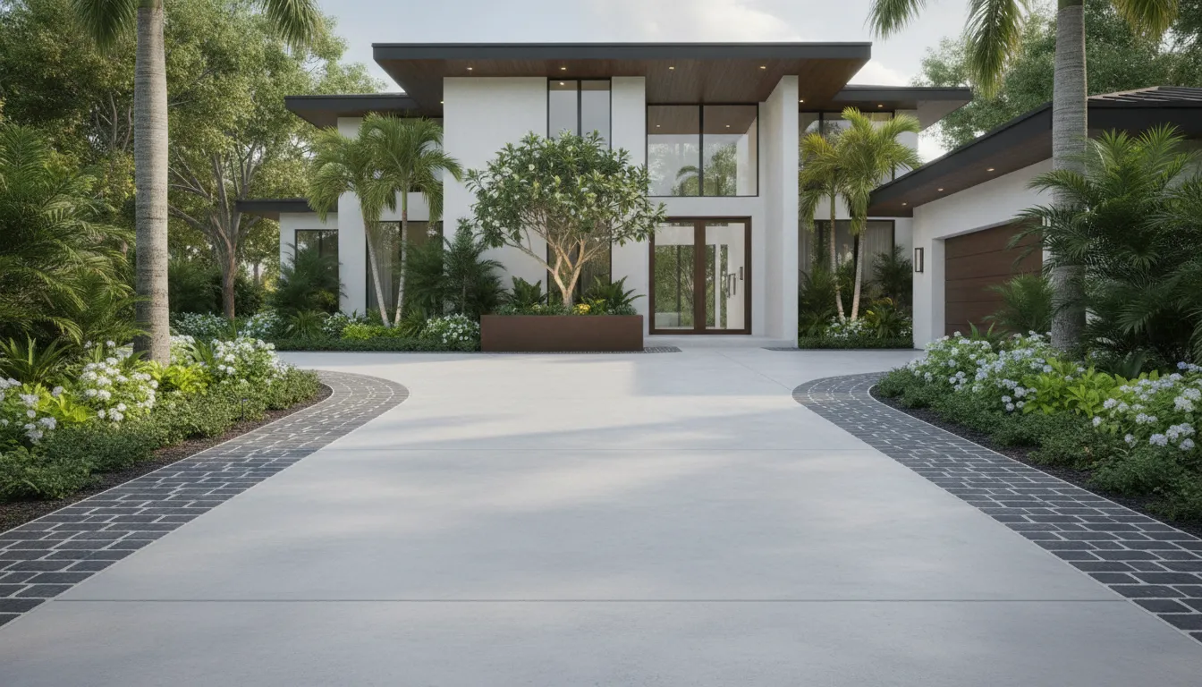 Front entryway and driveway border using Belgian Block porcelain cobblestone pavers in basalt grey