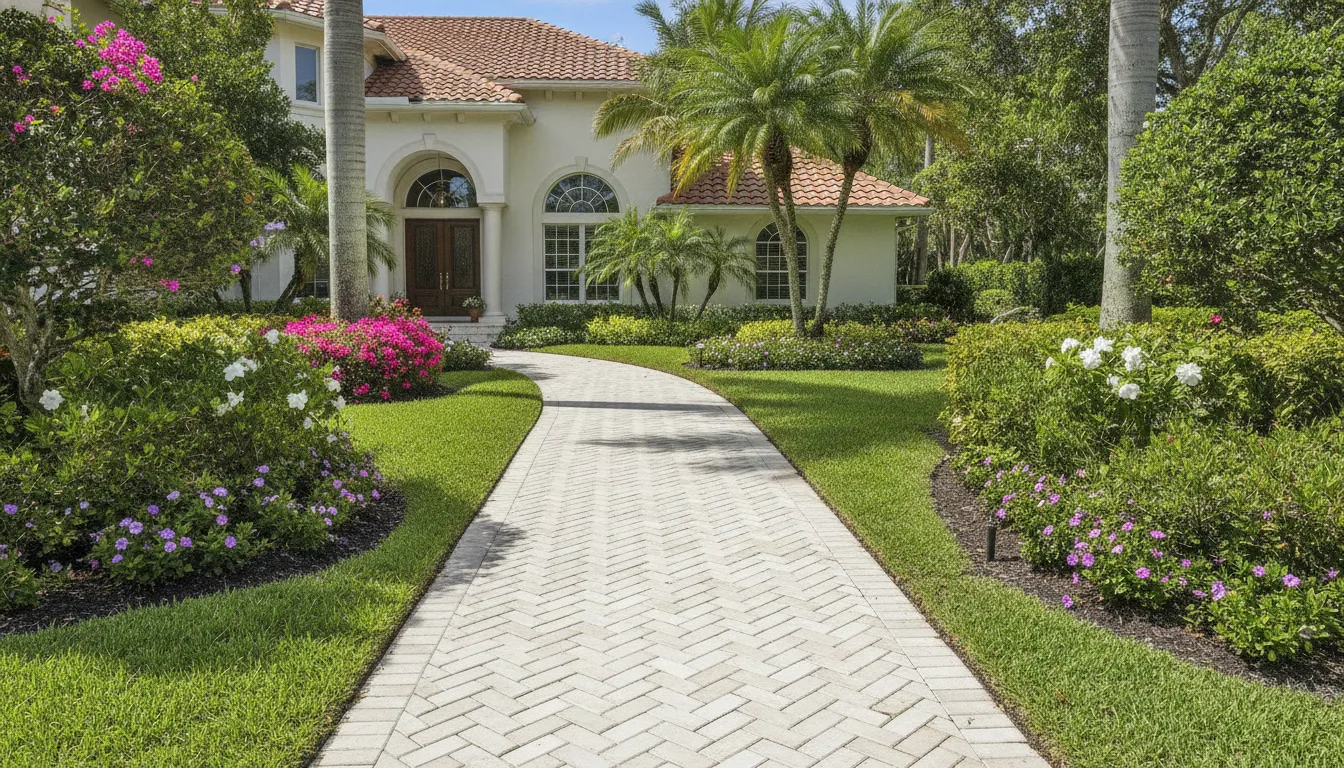 Residential walkway made with porcelain cobblestone pavers in a herringbone pattern bordered by green landscaping