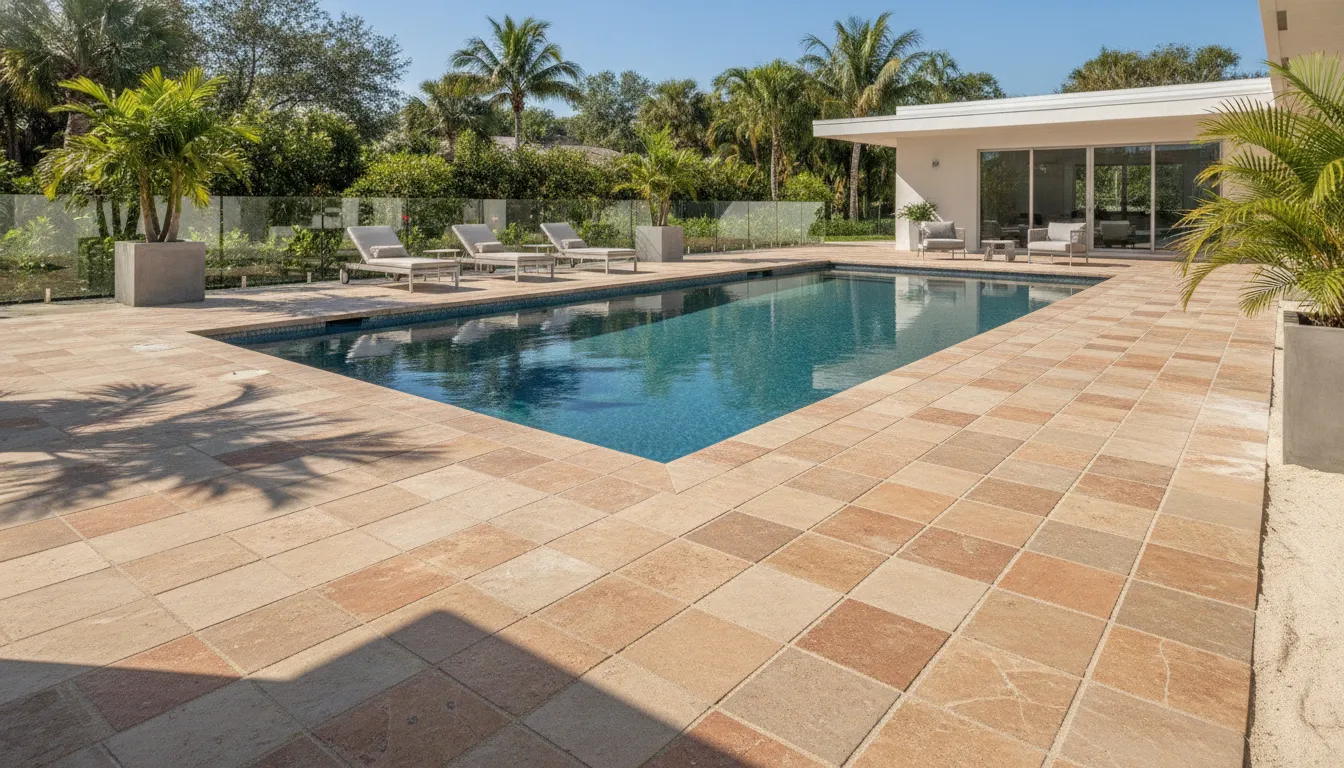 Elegant porcelain paver pool deck installation in Florida backyard with textured surface and swimming pool