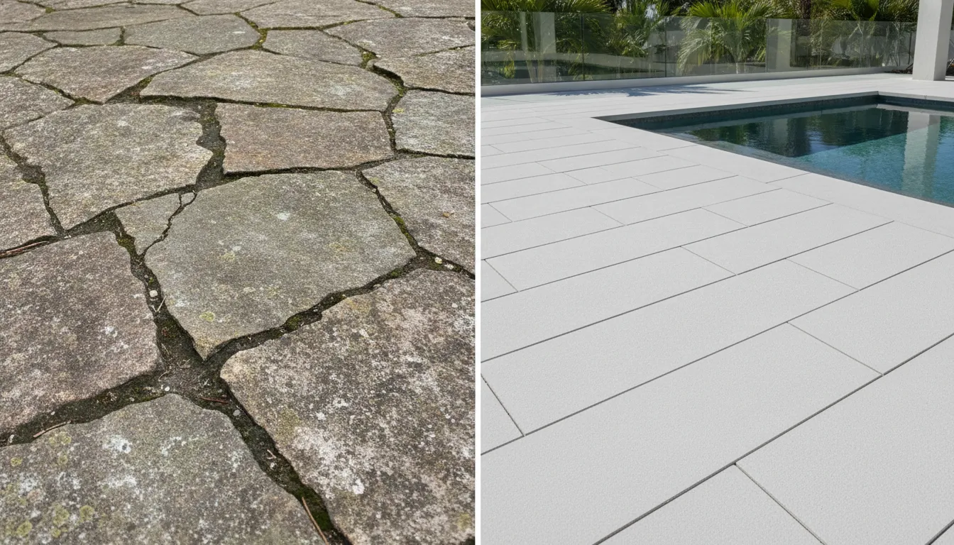 Side comparison of natural stone pavers and porcelain pavers on a Florida pool deck