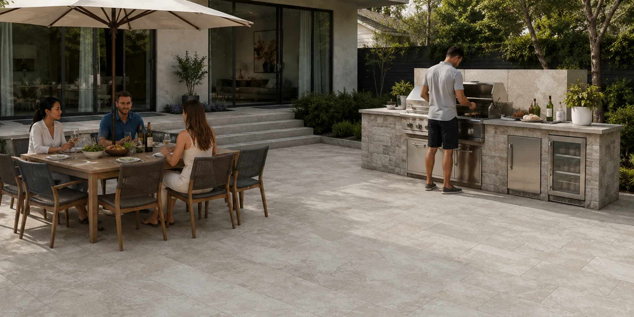 Luxury outdoor kitchen with porcelain paver flooring and natural stone-look tiles in warm earth tones