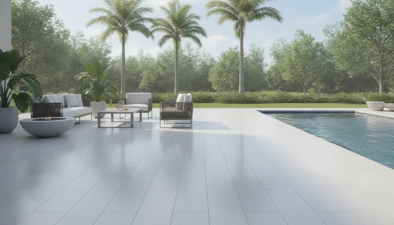 Beautiful Florida outdoor patio with clean porcelain pavers, poolside area with modern furniture and palm trees