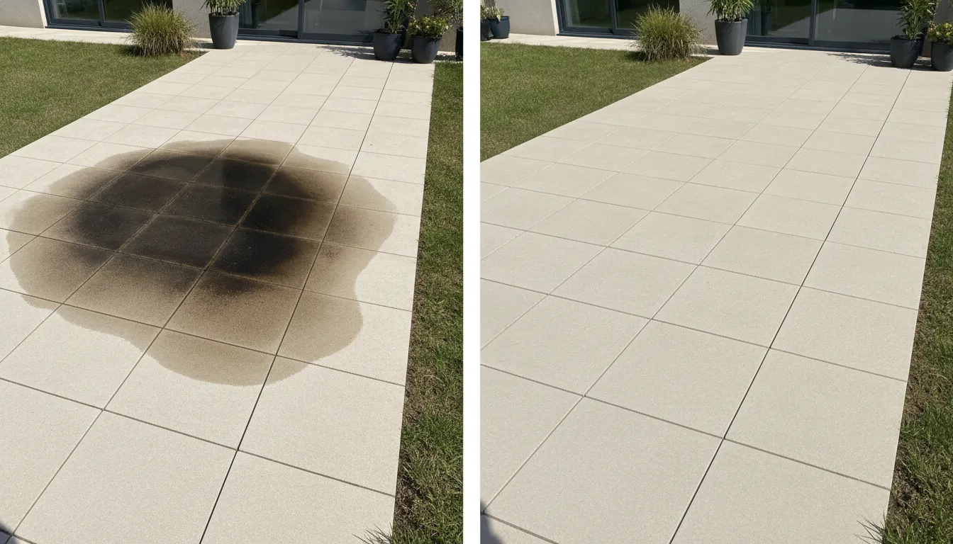 Porcelain paver patio with one side showing a dark stain and the other side clean and restored after stain removal