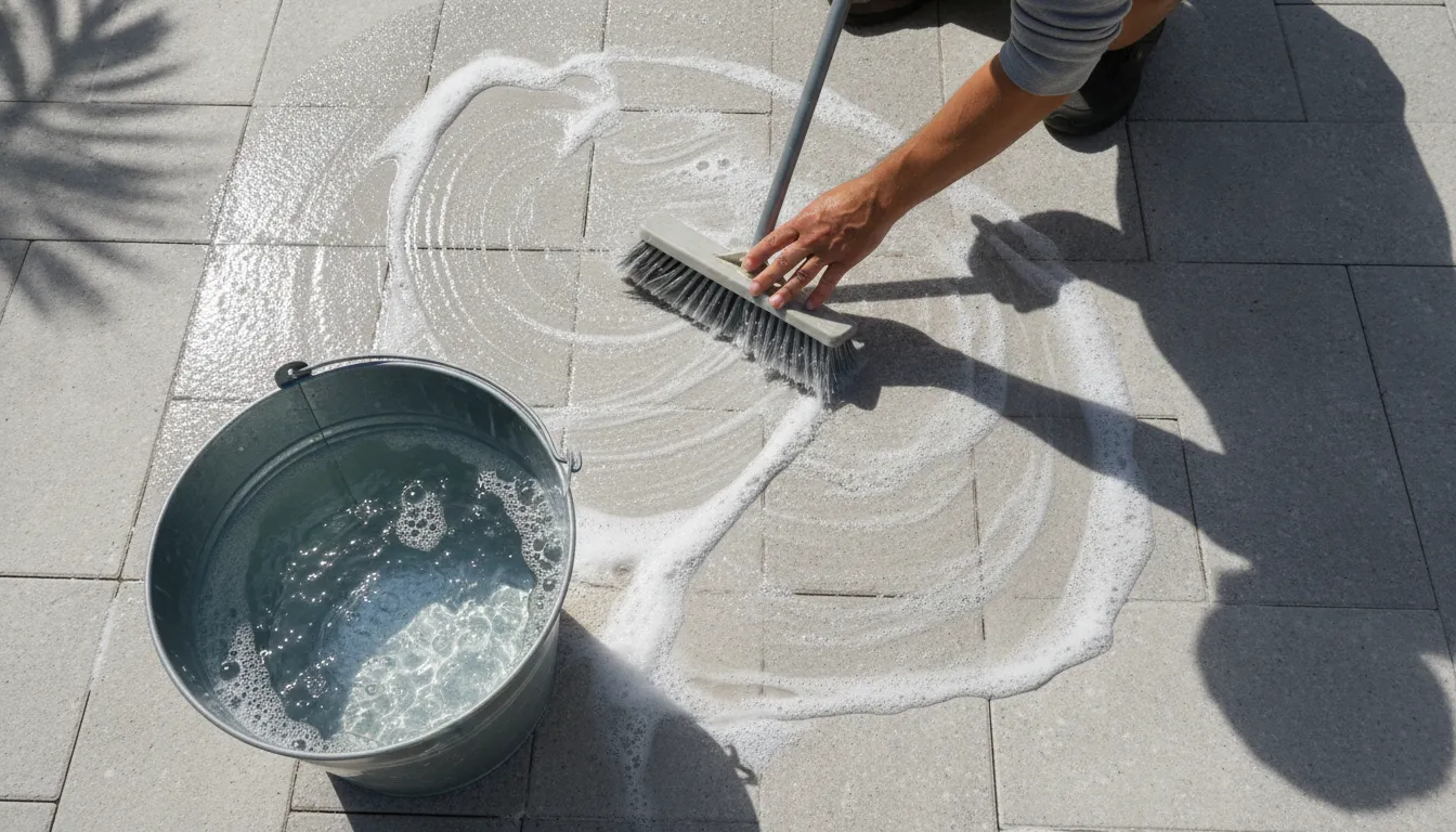 Person cleaning outdoor porcelain pavers with a soft broom and bucket of soapy water in bright Florida sunlight