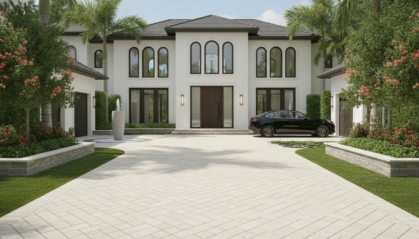 Modern driveway with 5CM porcelain pavers in herringbone pattern at a luxury Florida home