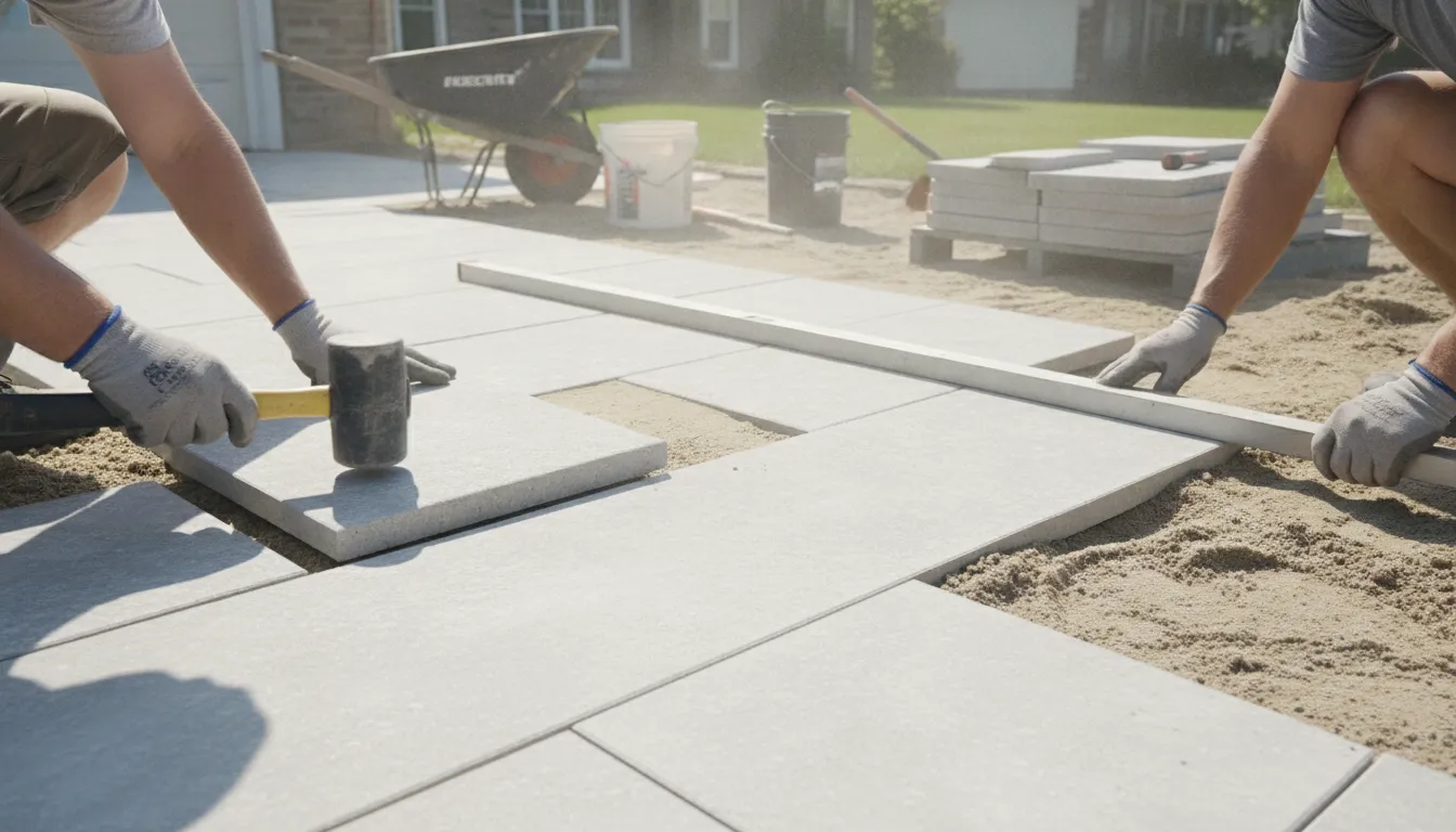 Sand-set installation of 5CM porcelain pavers on a residential driveway with professional hardscape crew
