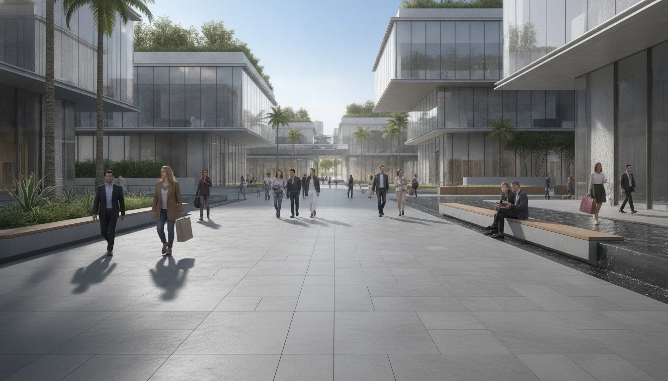 Large commercial plaza paved with 5CM porcelain pavers in a modern urban setting