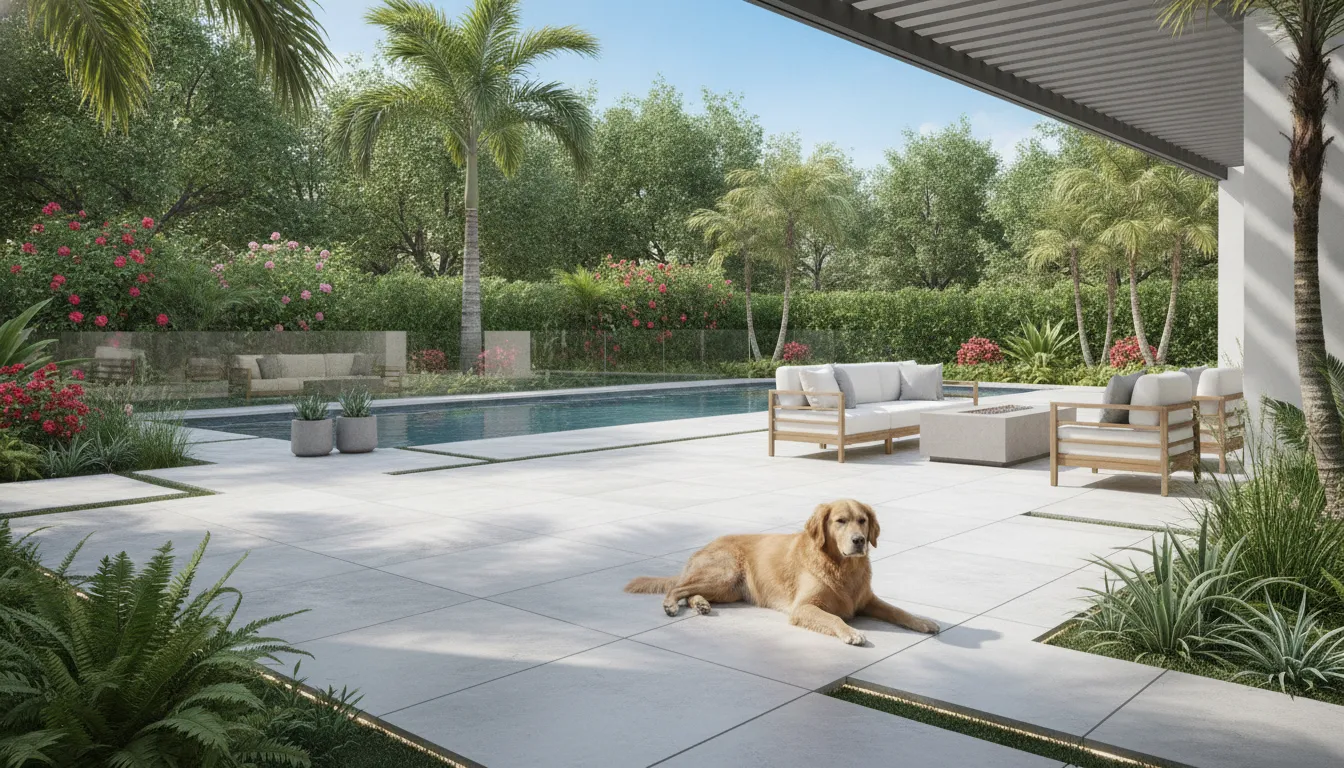 A golden retriever resting on a clean porcelain paver patio with tropical landscaping