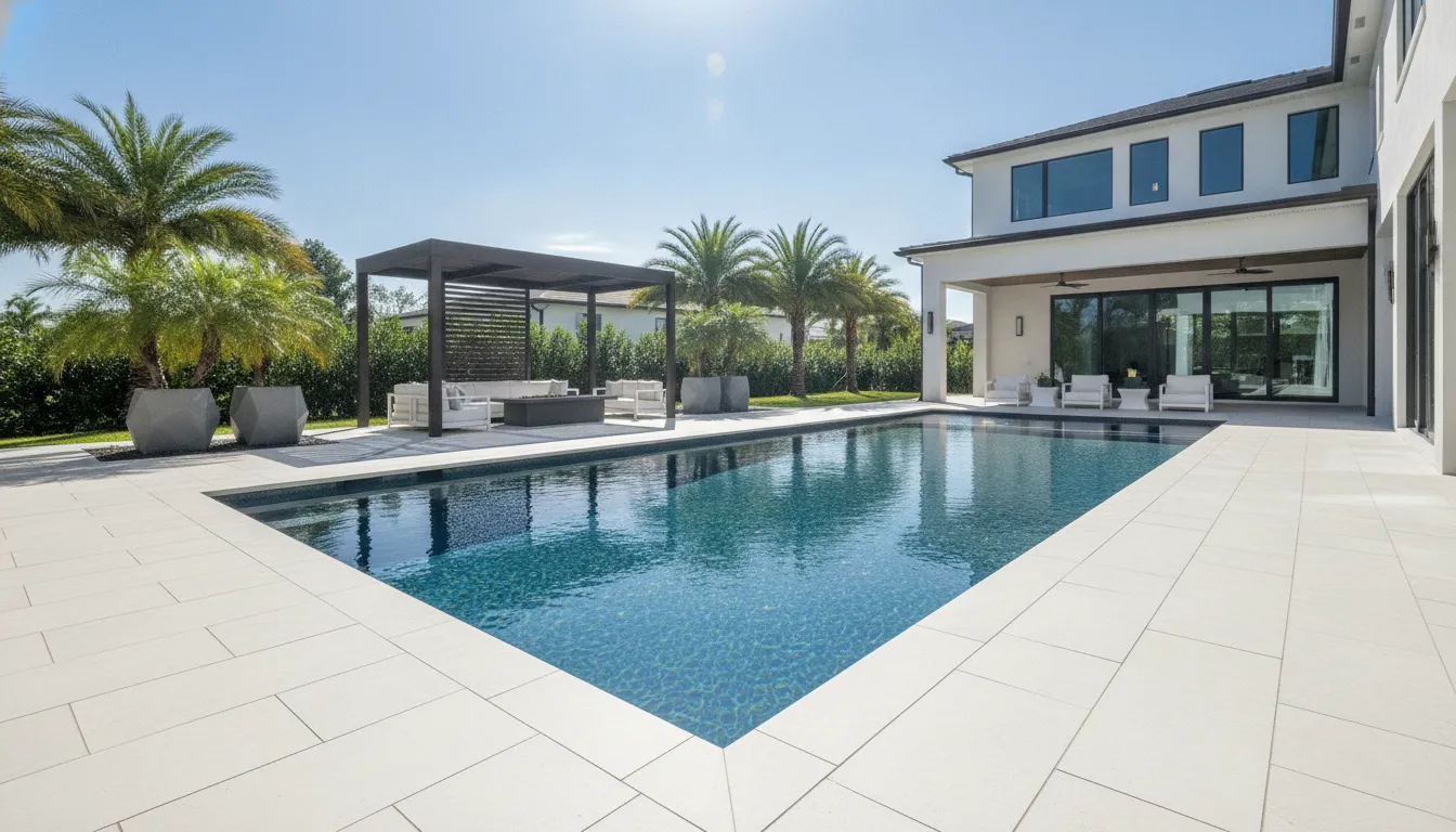 Modern swimming pool with porcelain coping edge and porcelain paver pool deck