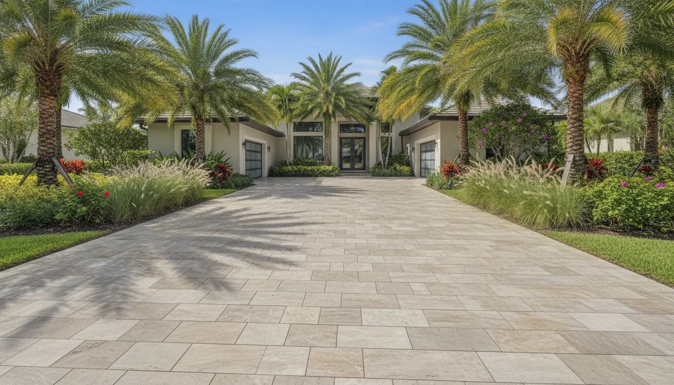 Modern residential driveway paved with large-format porcelain pavers in a warm grey stone-look finish