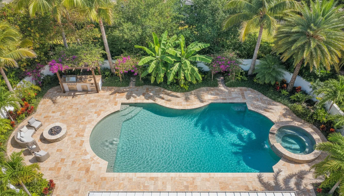 A modern Florida backyard with a clean porcelain paver patio and pool deck in warm earth tones surrounded by tropical landscaping
