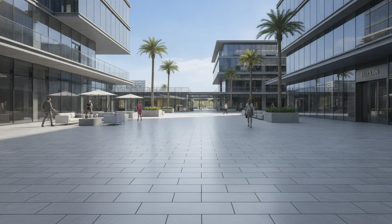 Modern commercial plaza with large-format porcelain pavers in an outdoor urban setting