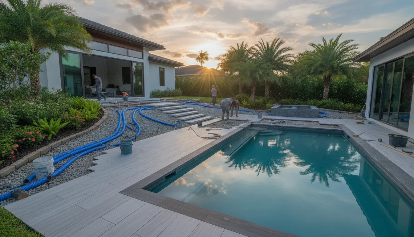 Porcelain pavers being installed on a sloped backyard lot in Florida with drainage system