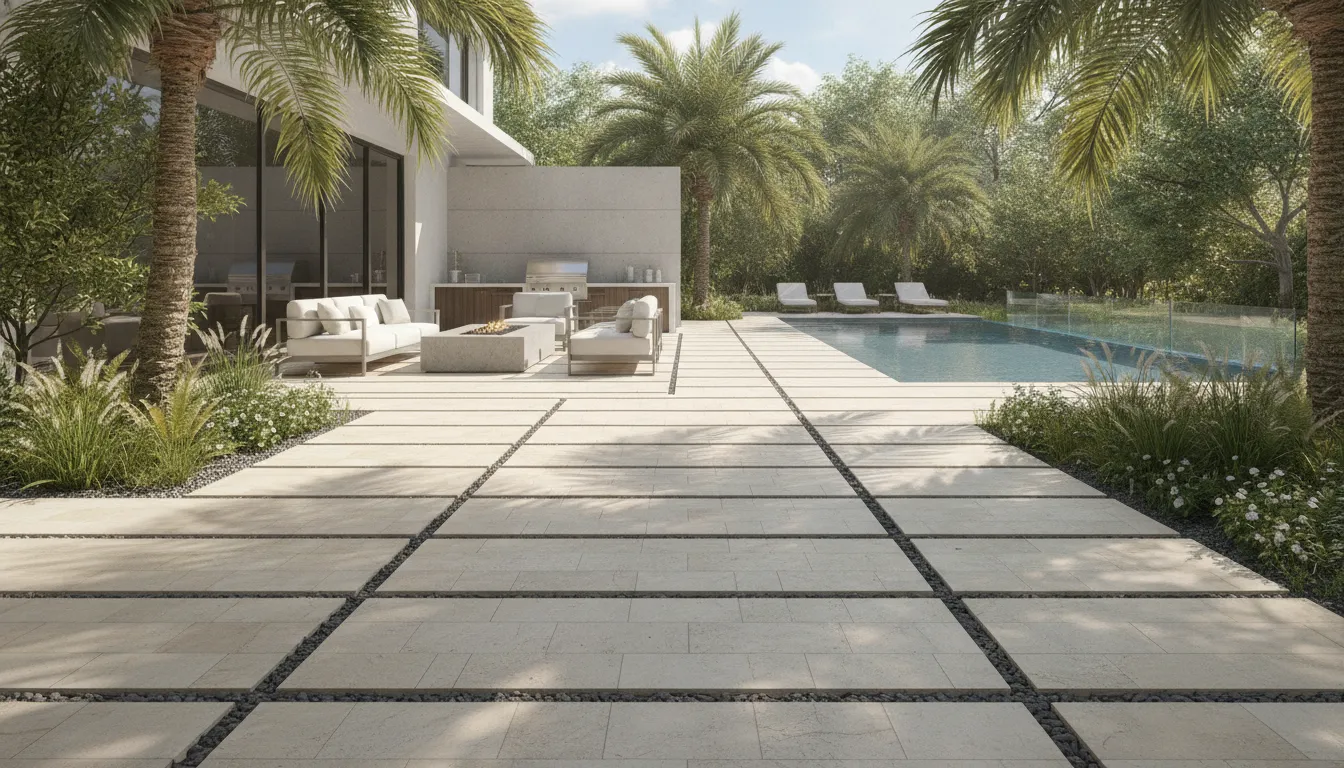 Modern Florida pool deck with permeable porcelain paver installation