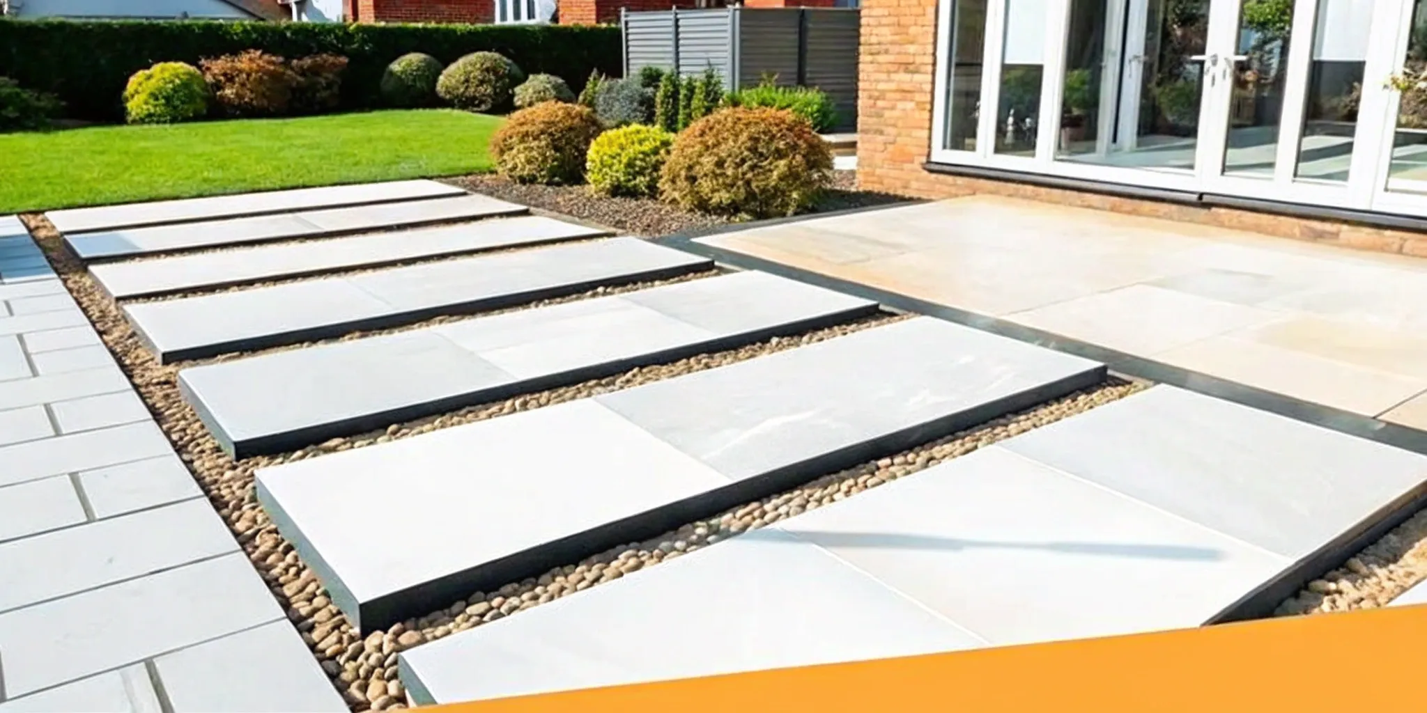 Modern porcelain stepping stones creating a garden walkway surrounded by gravel and lush plants.