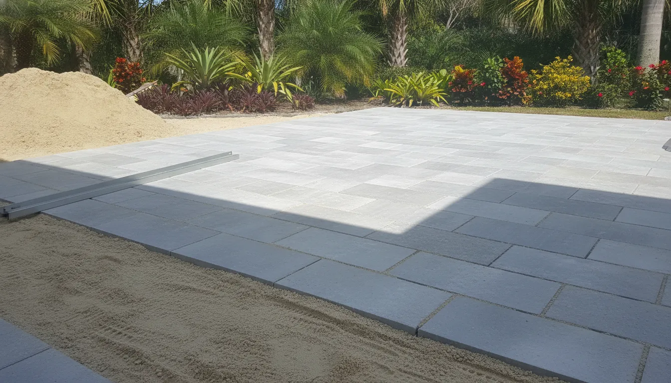 Porcelain pavers set in a sand bed during an outdoor installation