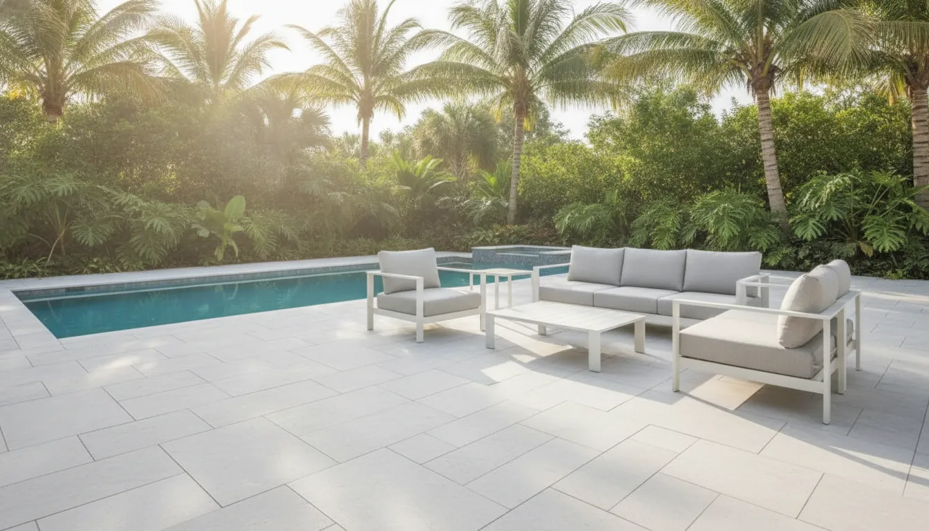 Florida patio paved with large-format pearl-grey porcelain pavers