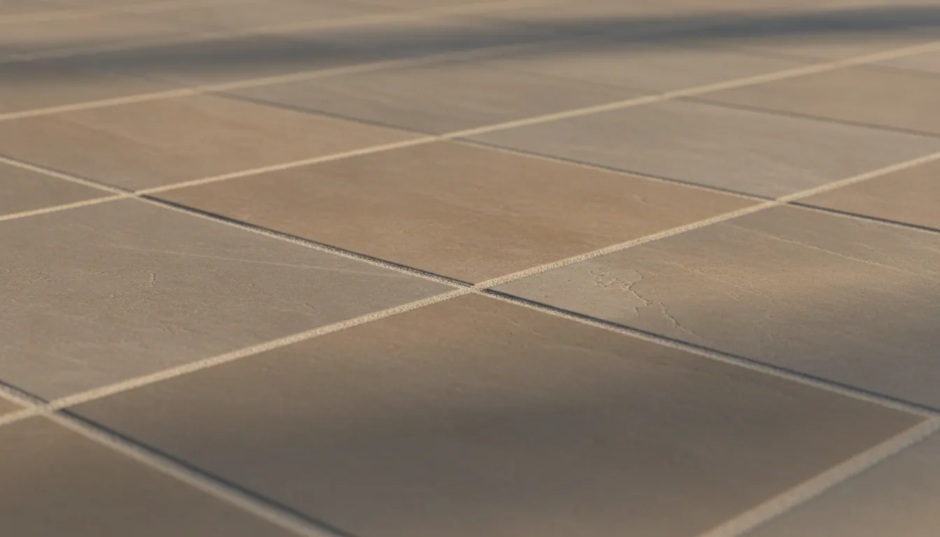 Close view of large-format porcelain paver patio surface with clean sand-set joints