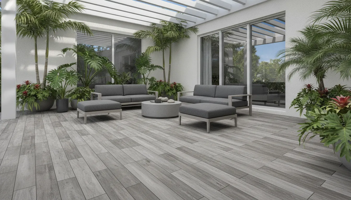 Florida patio paved with plank-format porcelain pavers in a running bond pattern