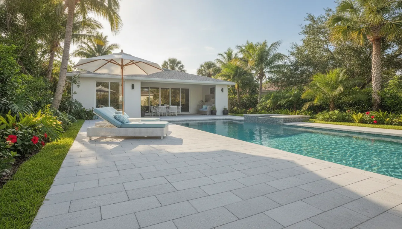 Sunny Florida pool deck with light-gray porcelain pavers and clear blue pool water