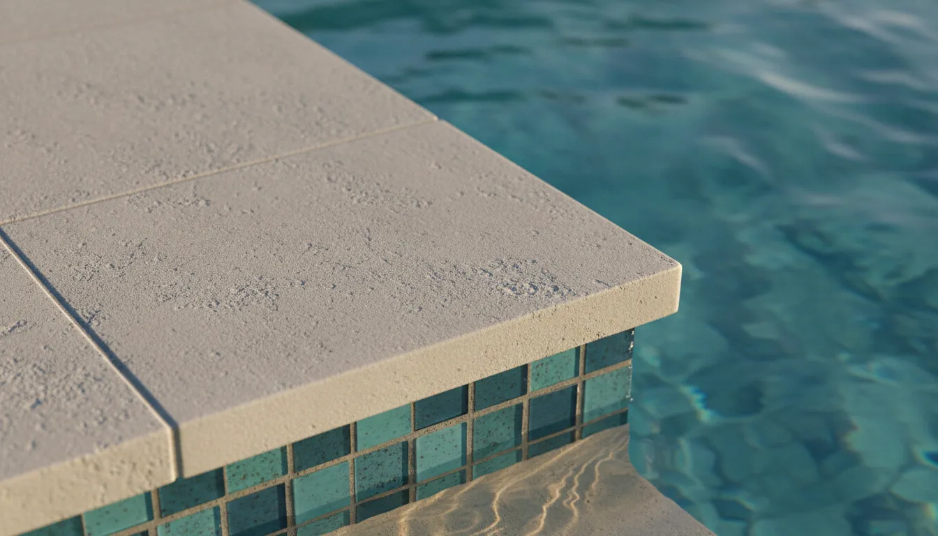 Close-up texture of slip-resistant porcelain pavers beside a pool