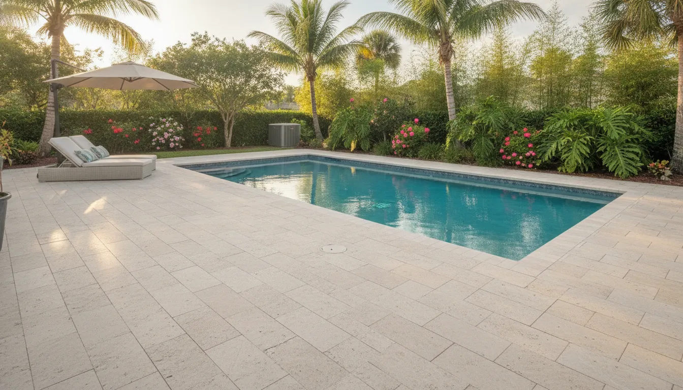 Cool-to-the-touch porcelain pavers surrounding a sunny Florida pool deck