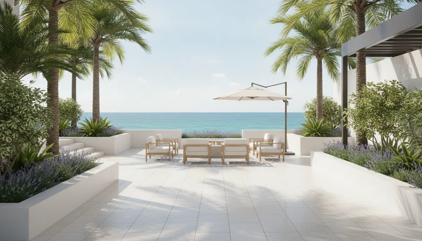 South Florida patio with porcelain pavers and coastal landscaping