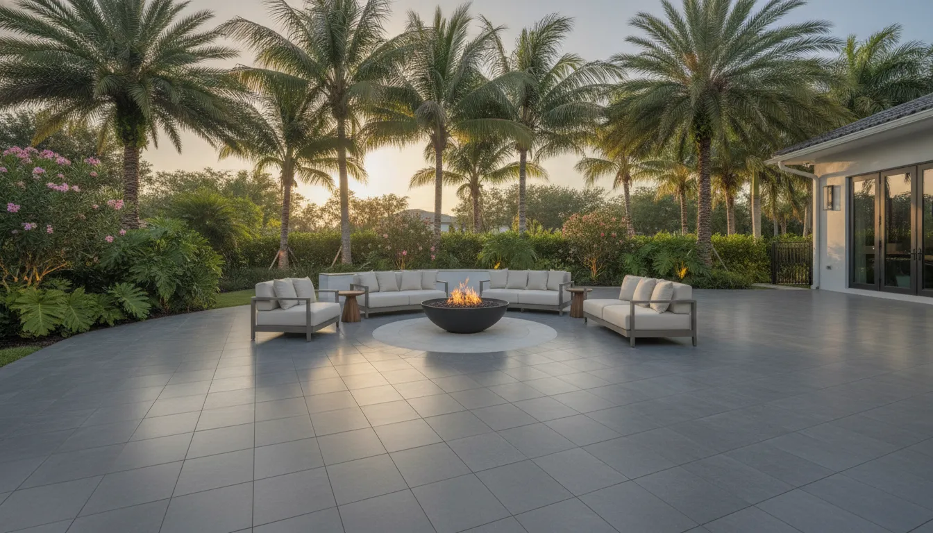 Florida fire pit seating area with porcelain paver surround