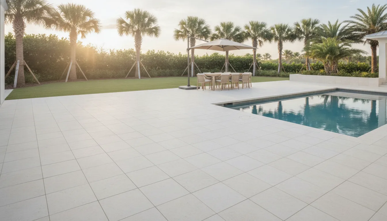 Florida backyard with porcelain paver patio and poolside walking area