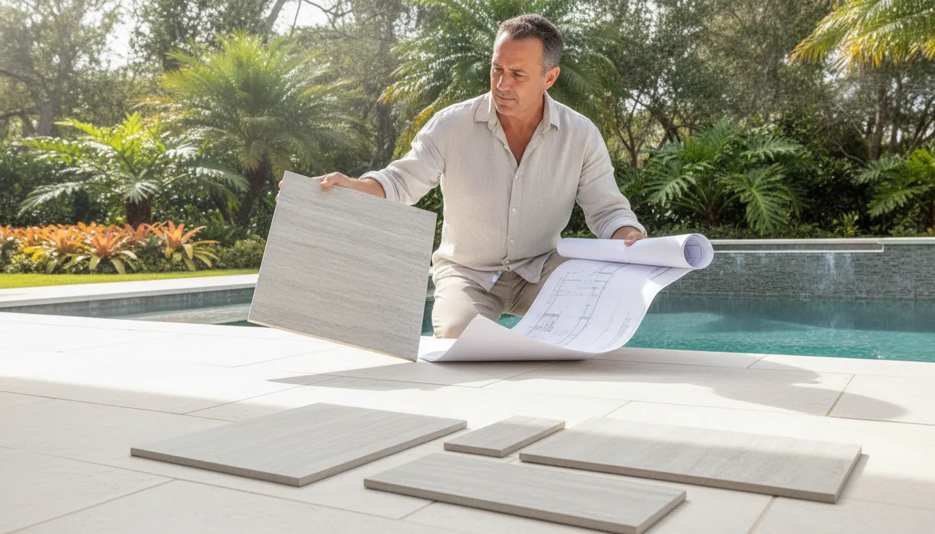 Designer and contractor reviewing porcelain paver samples for a Florida outdoor project