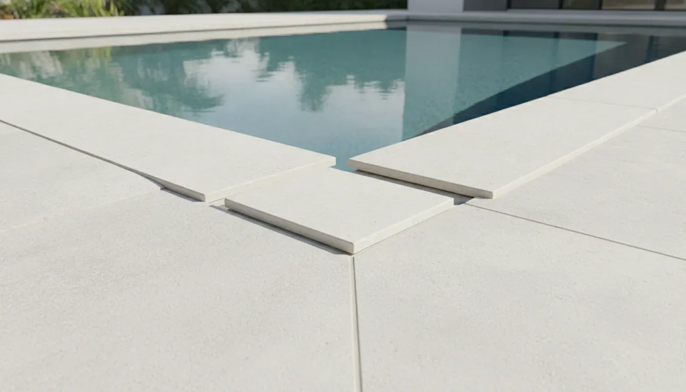 Porcelain pool coping edge profile comparison at a pool corner