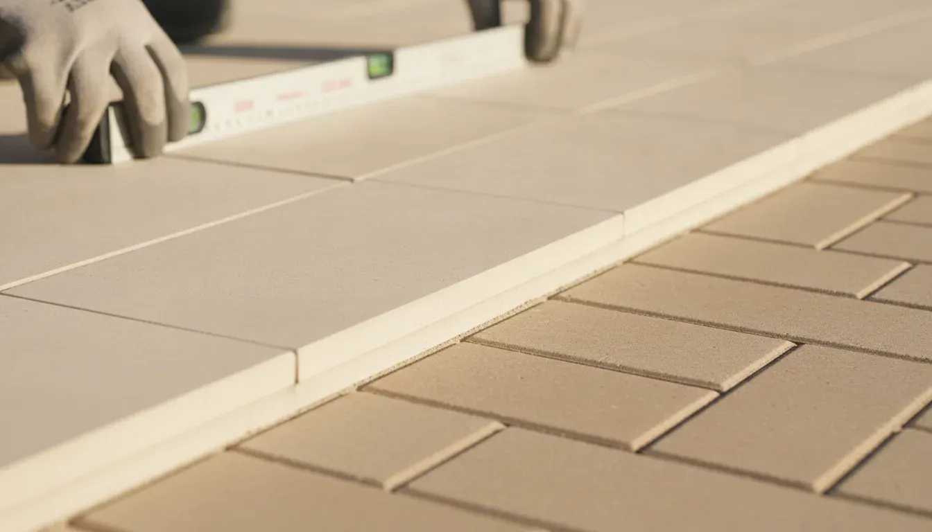 Porcelain pool coping aligned with a sand-set porcelain paver deck