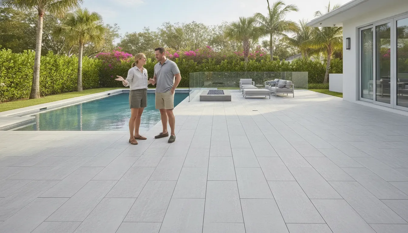 Florida porcelain paver project with a homeowner and designer reviewing the patio layout