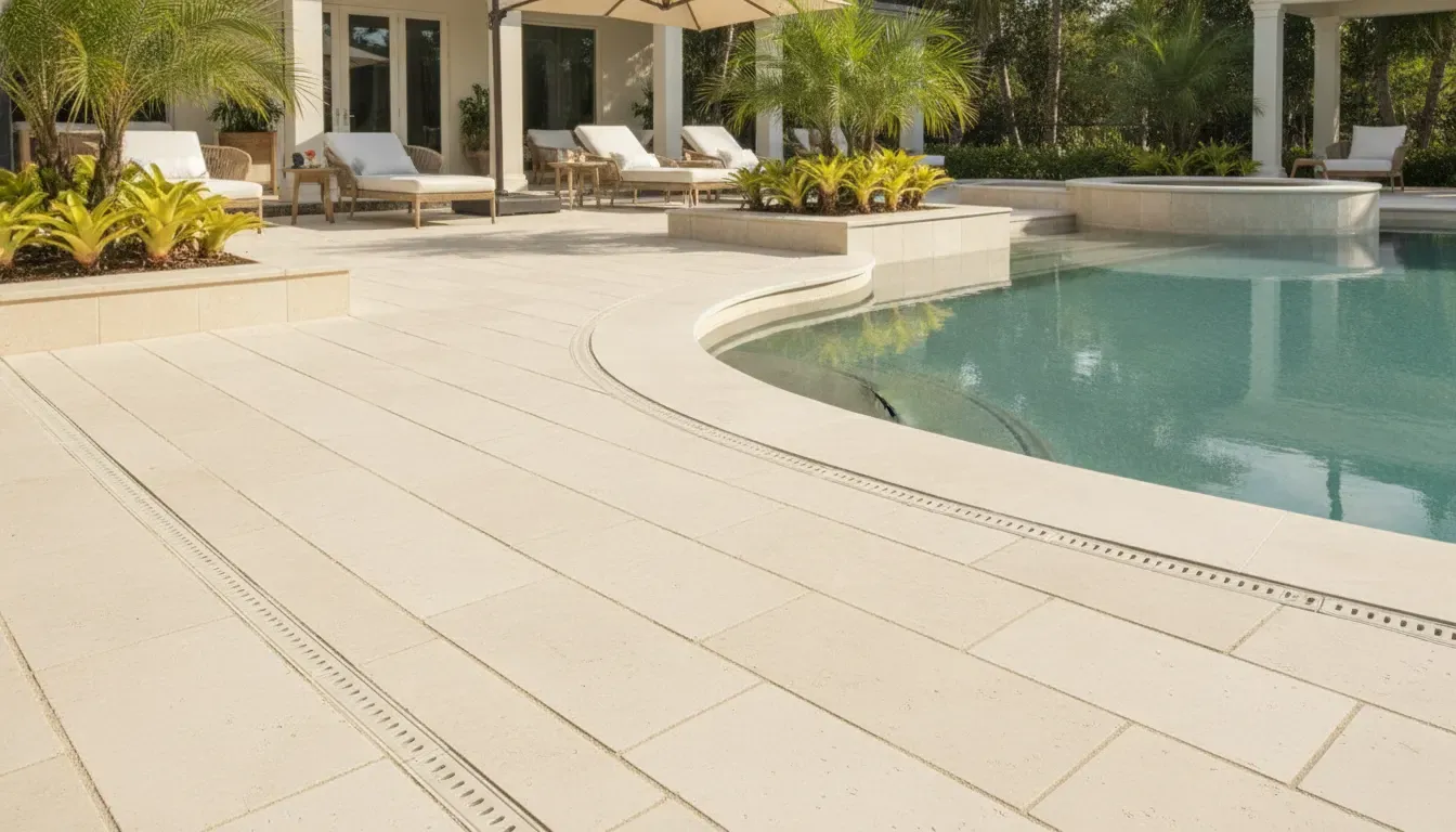 Porcelain paver pool deck and coping planned as part of a project budget