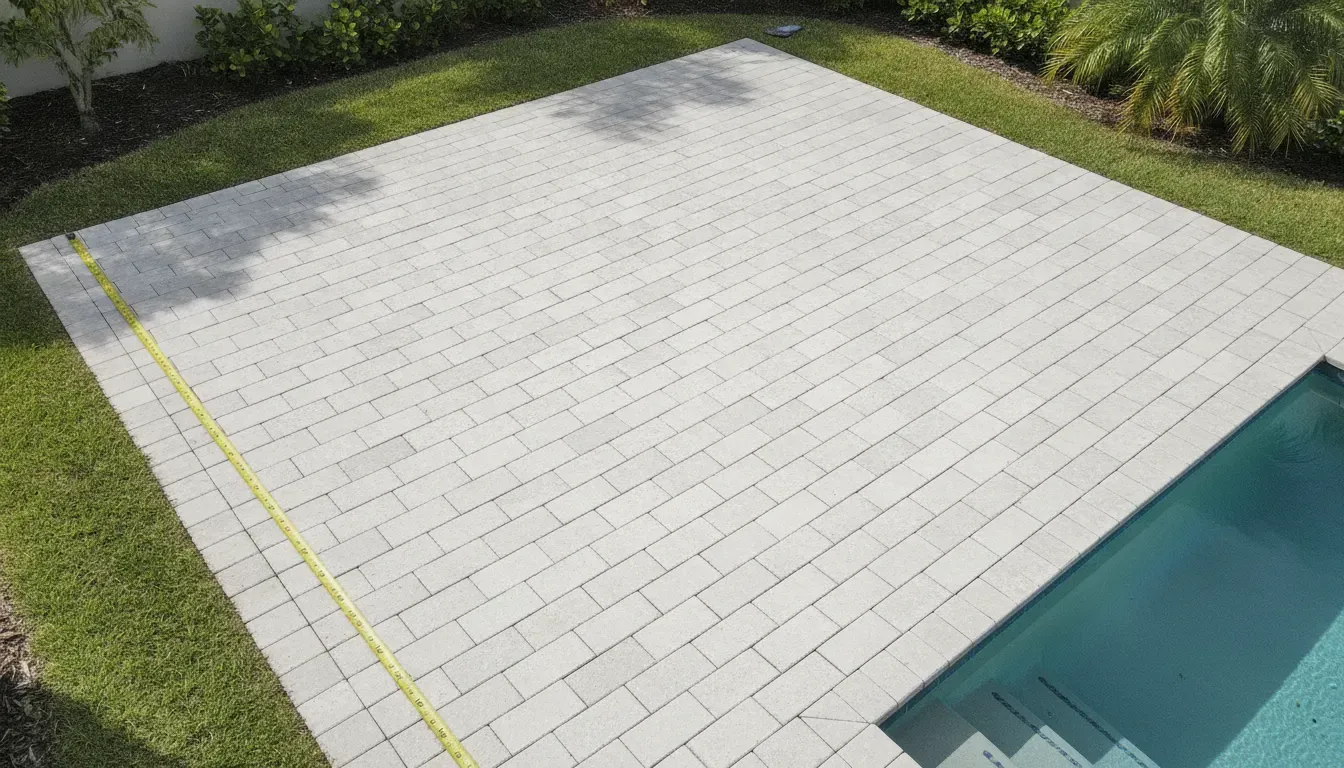 Measured modular layout of porcelain pavers beside a Florida pool
