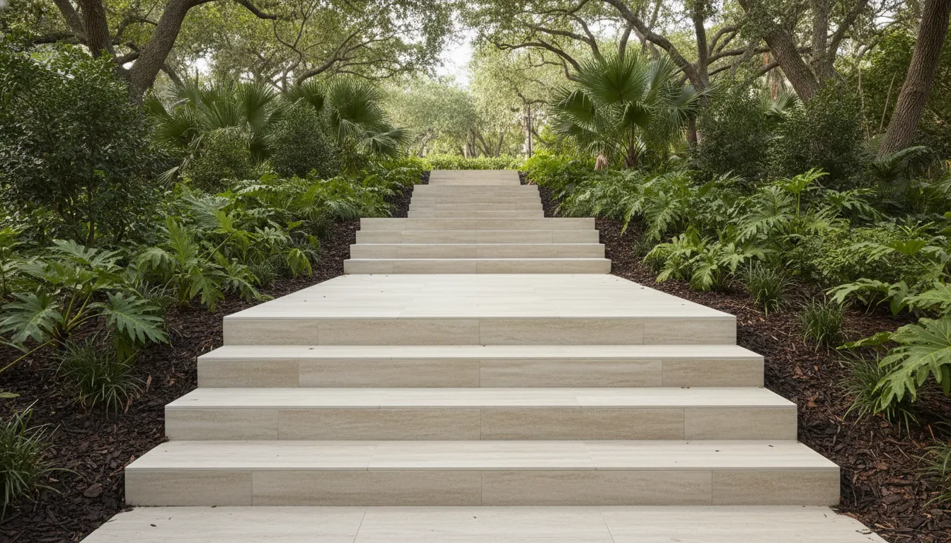 Porcelain paver outdoor steps leading to a landscaped Florida landing