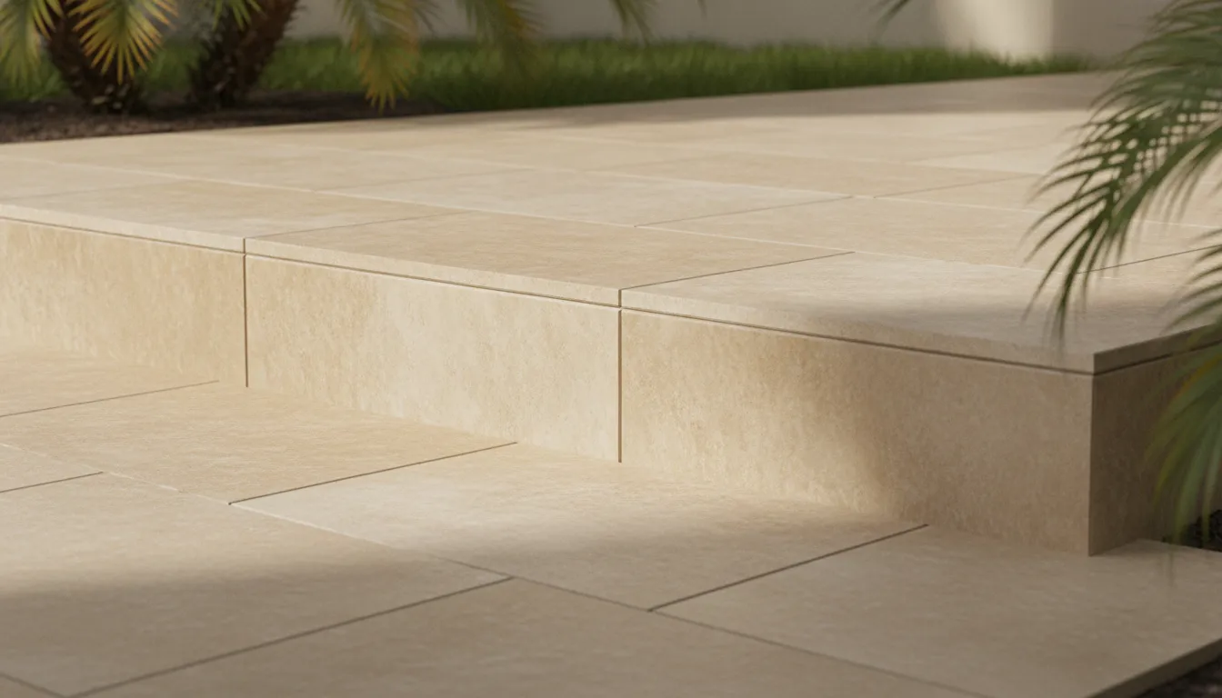 Close view of porcelain paver tread and riser alignment at an outdoor step transition
