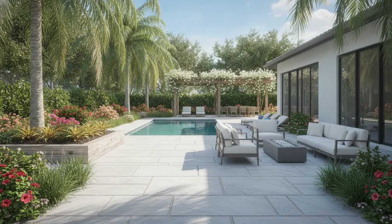 Porcelain pavers arranged around an outdoor patio and garden path