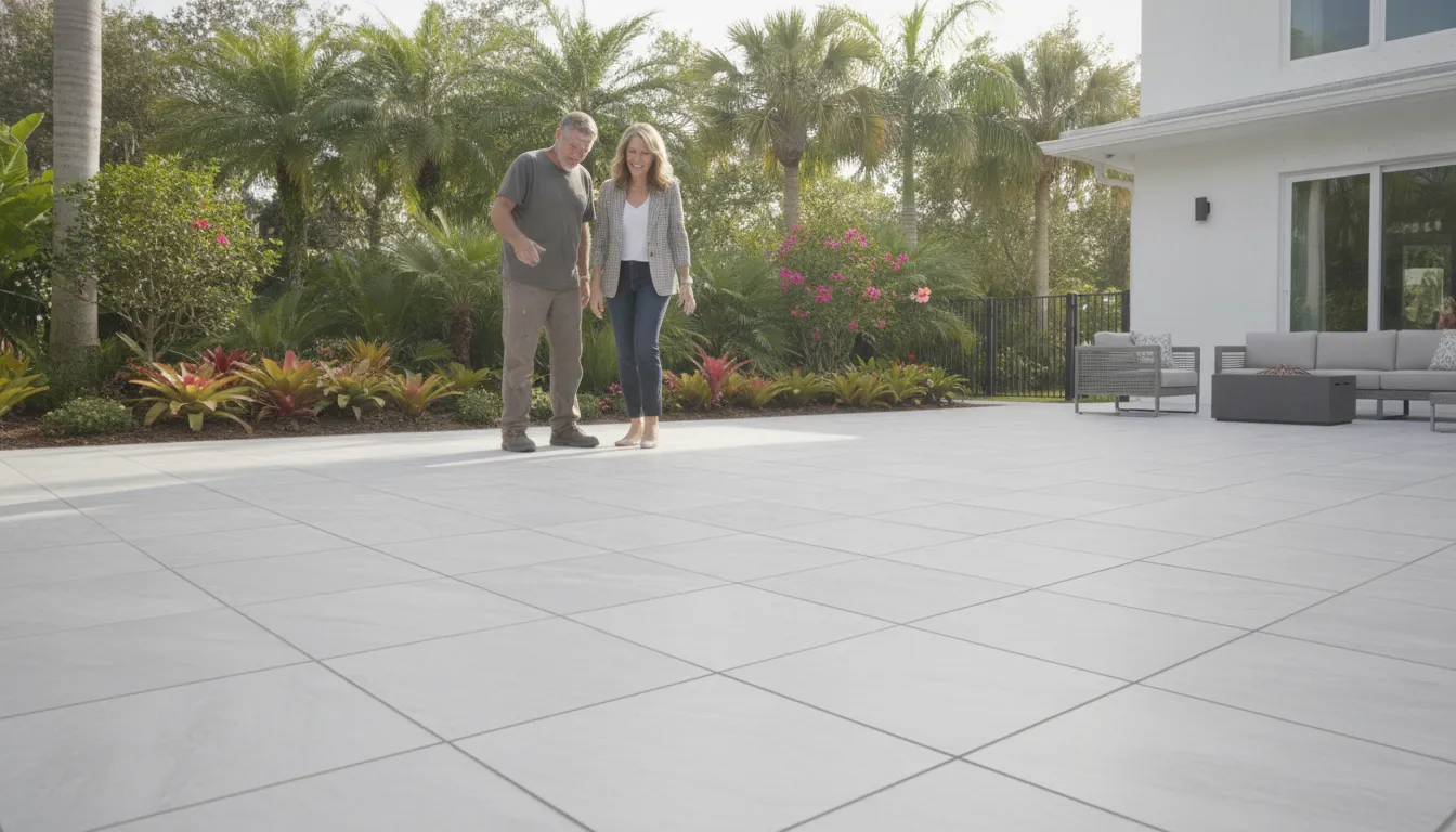 Homeowners review a porcelain paver patio with a Florida landscape in the background