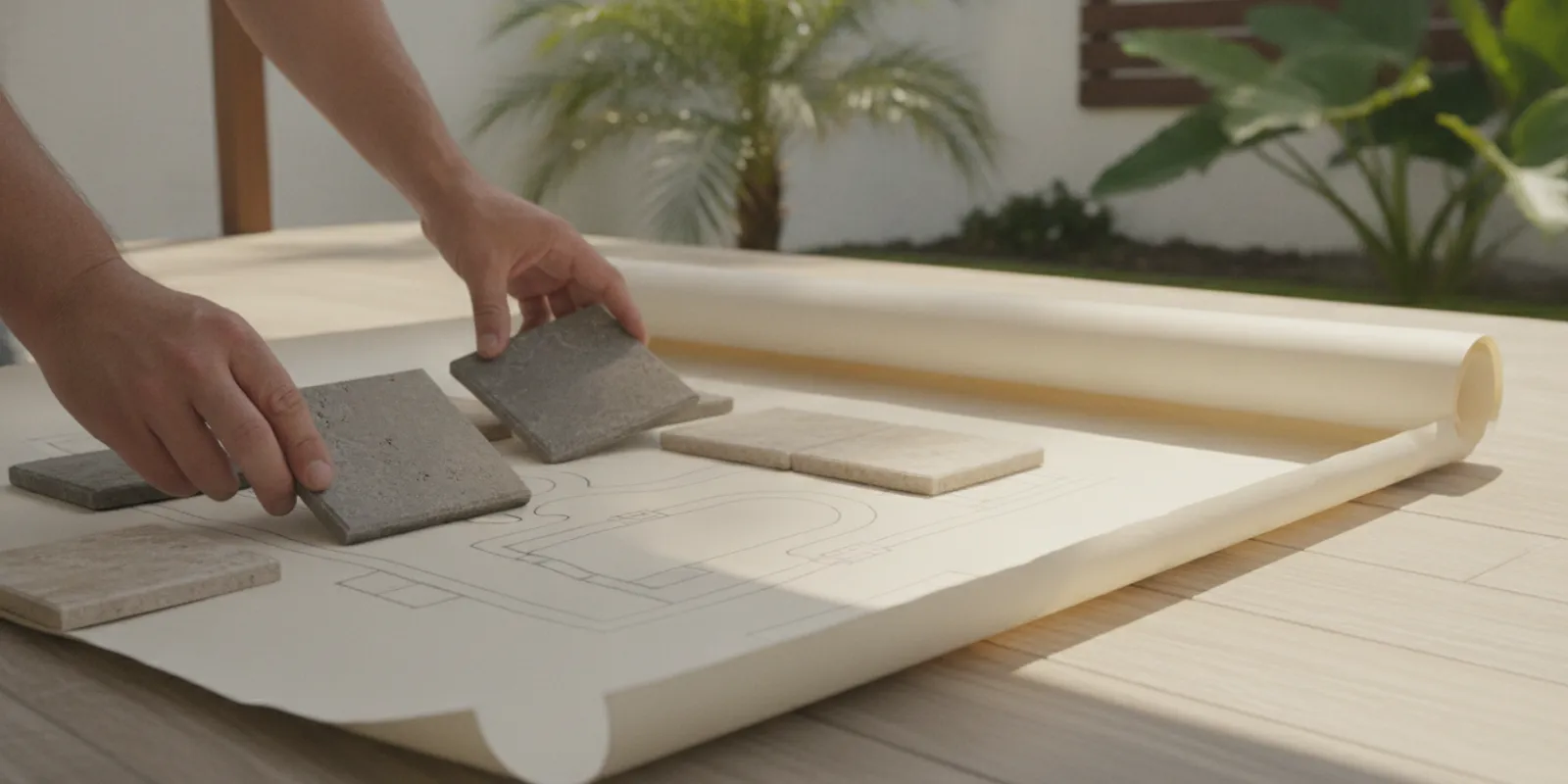 Landscape designer reviewing porcelain paver samples beside an outdoor patio plan