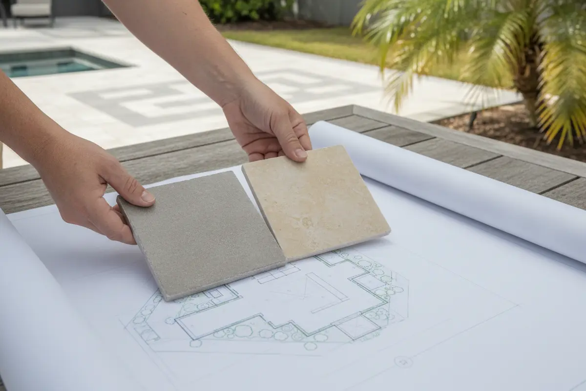 Porcelain paver samples compared beside a landscape plan