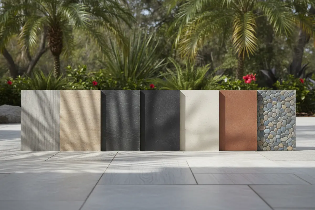 Porcelain paver samples being compared outdoors in natural Florida light