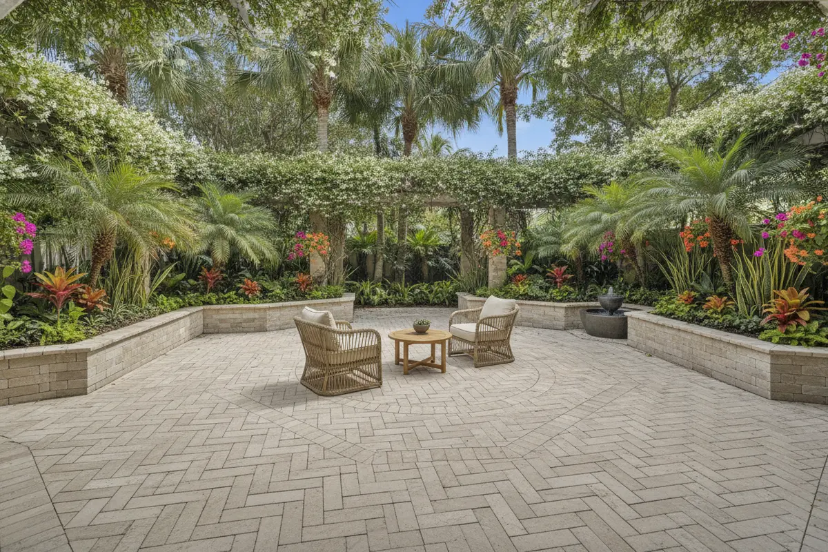 Porcelain paver layout defining a seating zone in a planted courtyard