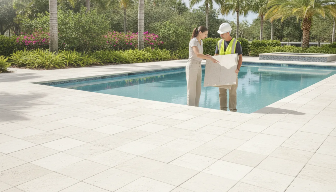 Porcelain pavers and coping around a resort pool during renovation planning