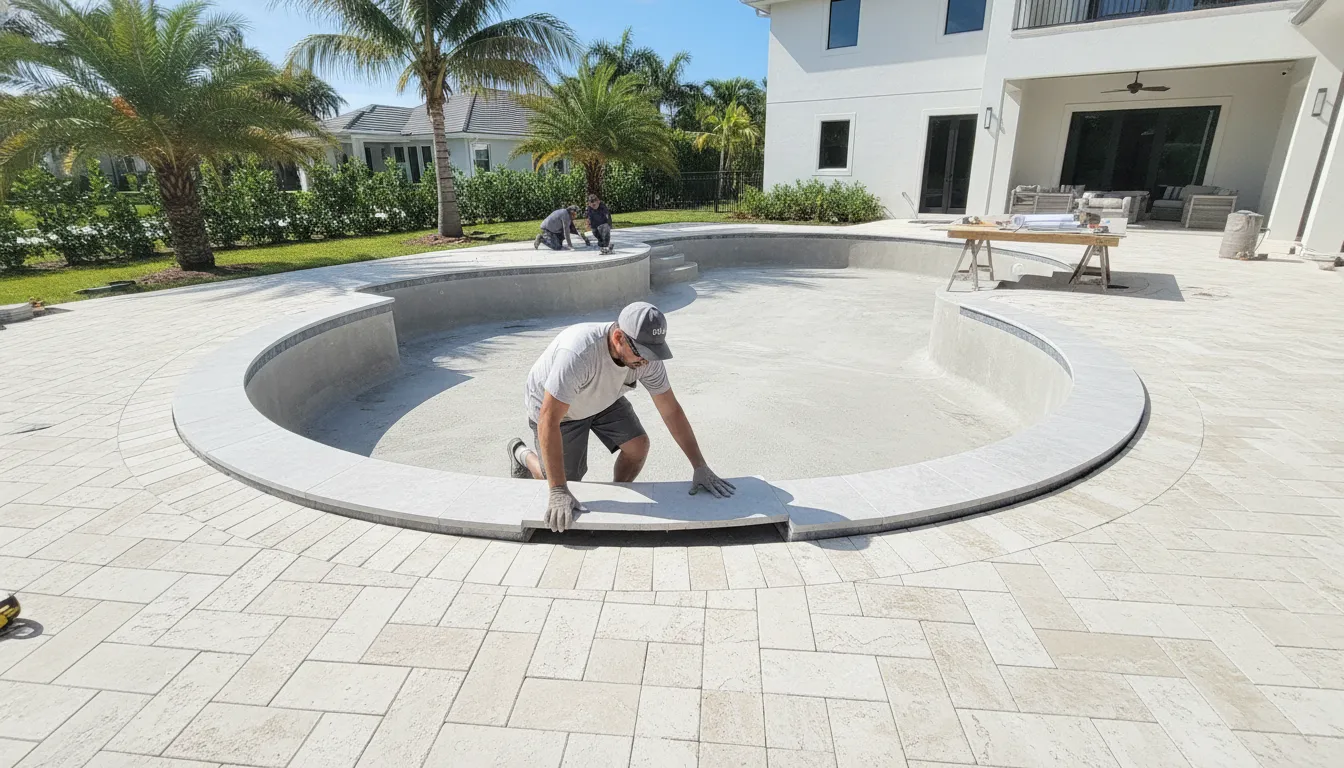 Porcelain pool coping replacement planning around a pool edge