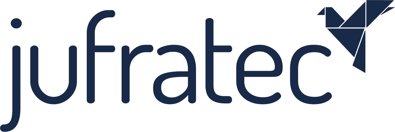 Jufratec company logo with stylized dark blue text and geometric bird icon on the top right.