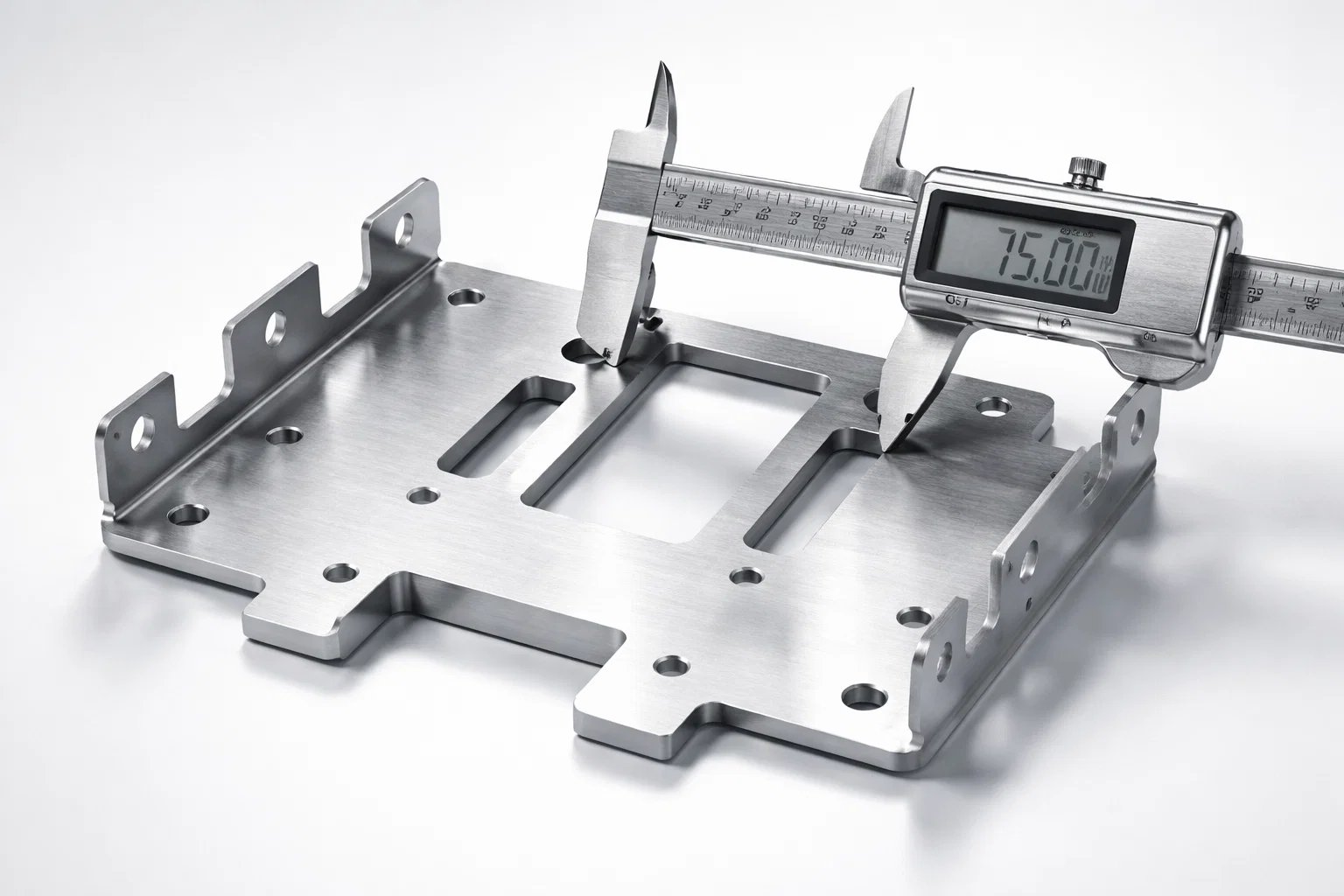 Digital caliper measuring the width of a rectangular cutout on a metal bracket, showing a reading of 75.00 millimeters.