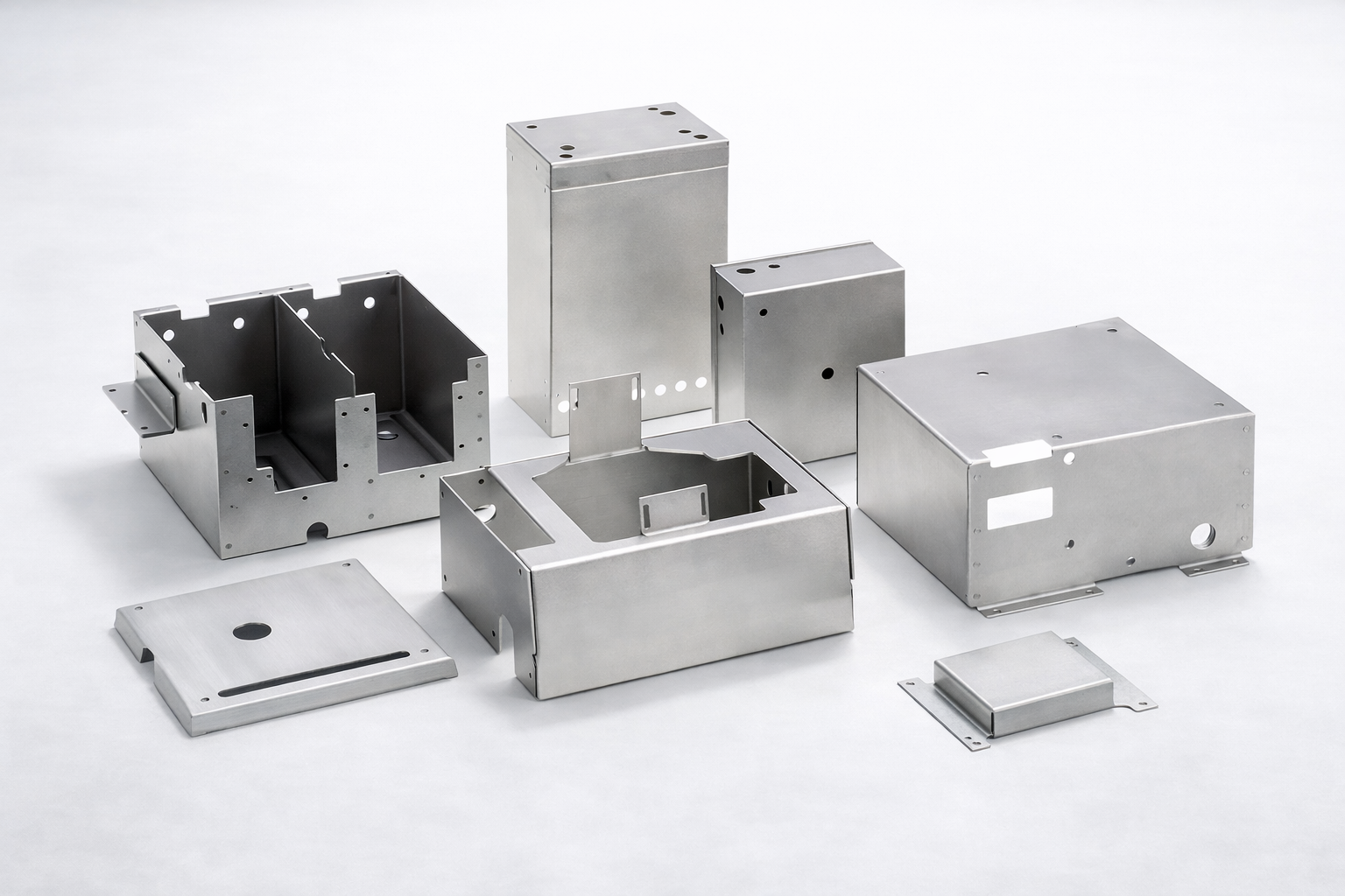 Variety of metal casings and enclosures with various cutouts and holes on a plain white background.