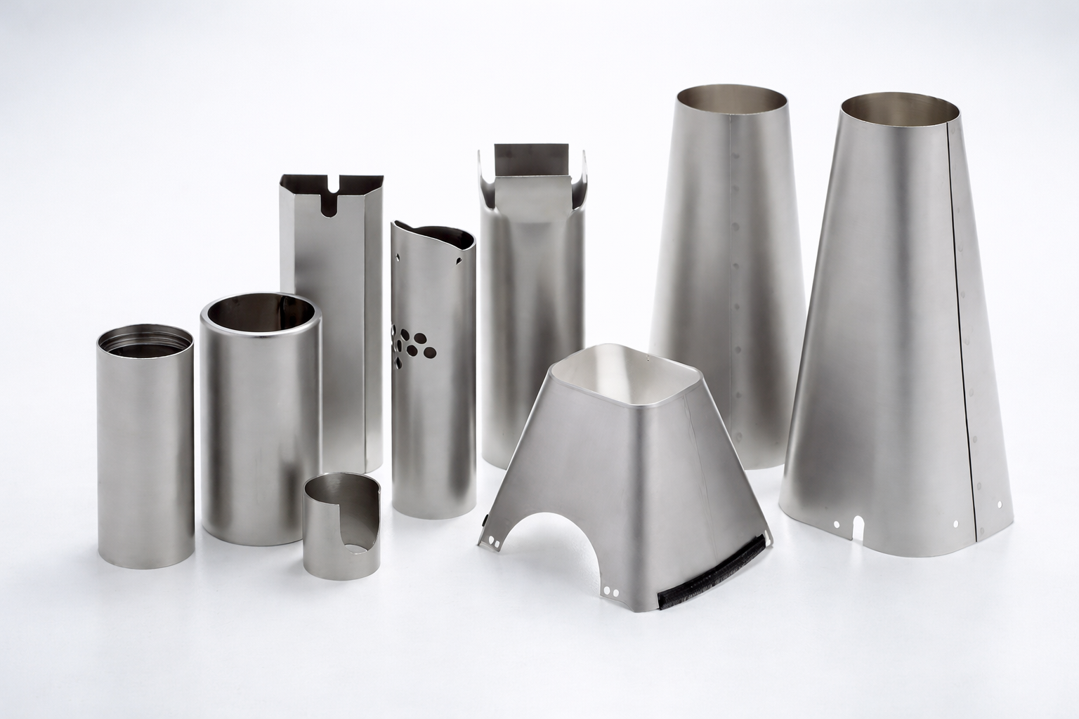 Collection of various polished stainless steel cylindrical and conical metal parts arranged on a white surface.